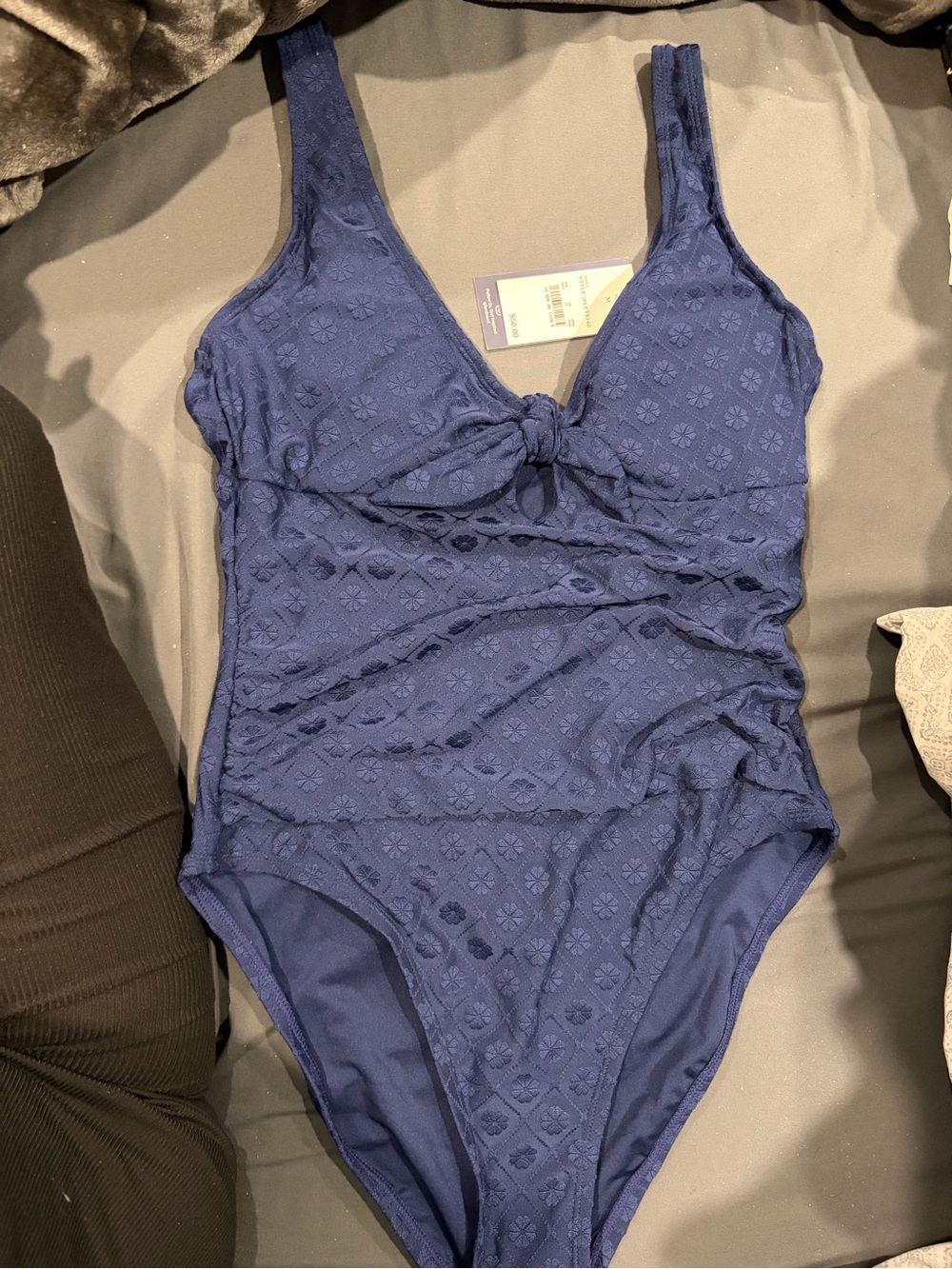 Lands End Blue Textured One-Piece Swimsuit with Front Knot